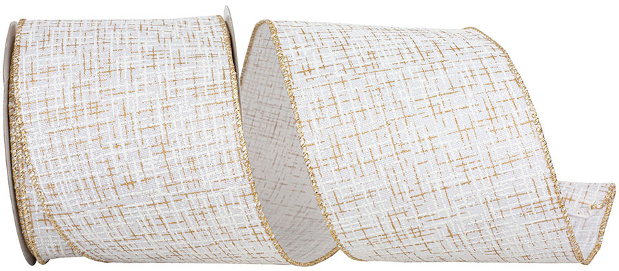 White Gold 4 Inch Striped Texture Elegance Linen Wired Edge Ribbon for Wreaths & Bows