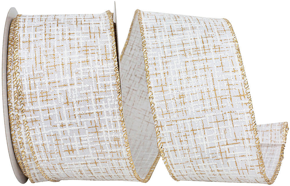 White Gold 2-1 2 Inch Striped Texture Elegance Linen Wired Edge Ribbon for Wreaths & Bows