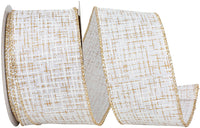 White Gold 2-1 2 Inch Striped Texture Elegance Linen Wired Edge Ribbon for Wreaths & Bows