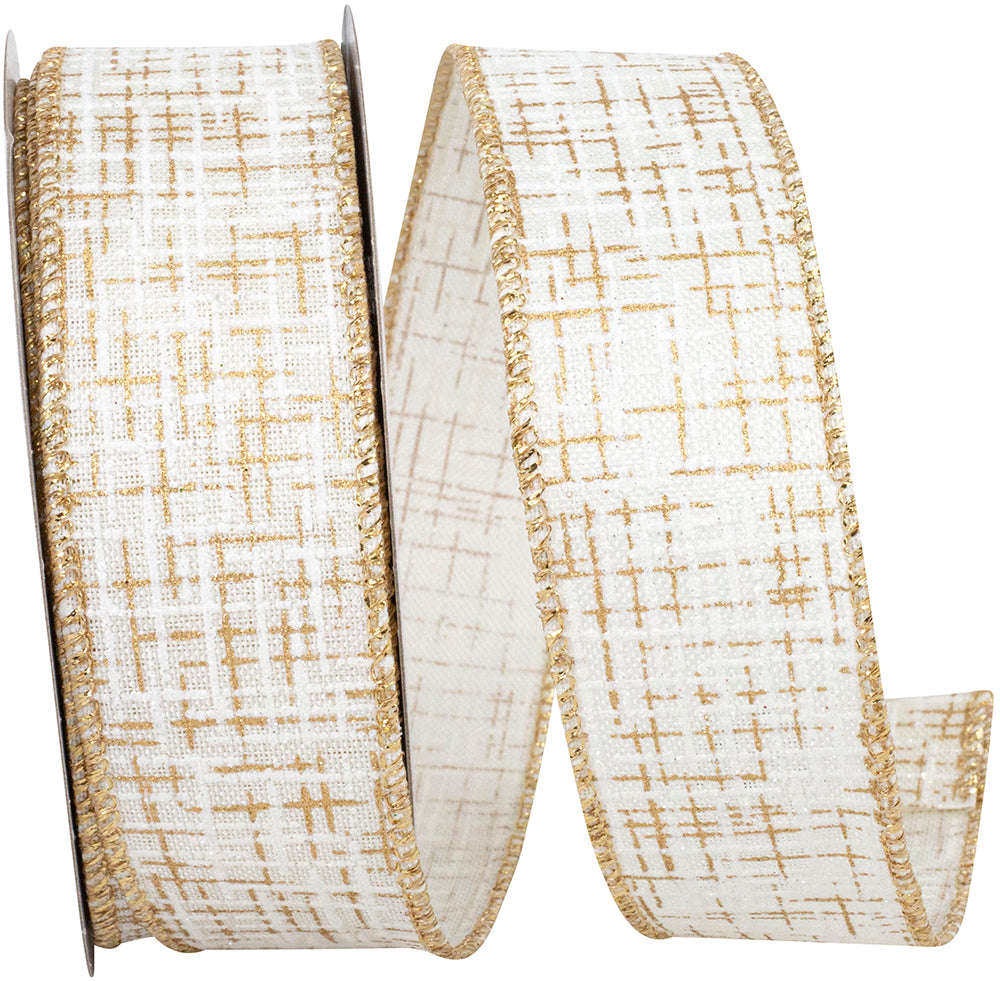 Ivory Gold Striped Texture Linen Wired Edge Ribbon 1-1/2 Inch