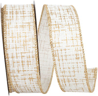 Ivory Gold Striped Texture Linen Wired Edge Ribbon 1-1/2 Inch