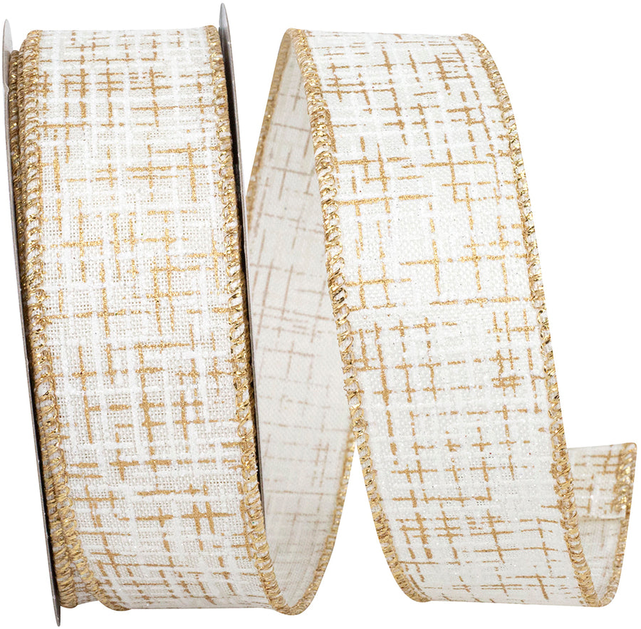 Ivory Gold Striped Texture Linen Wired Edge Ribbon 1-1/2 Inch