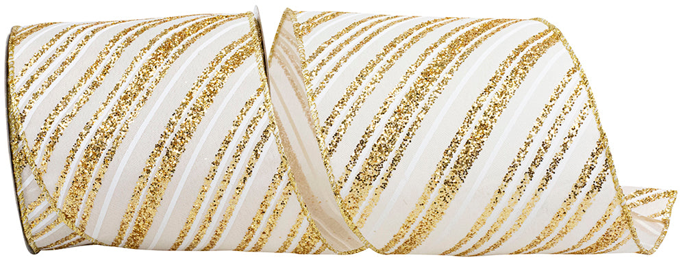 4 Inch Ivory Gold Striped Diagonal Glitter Ribbon
