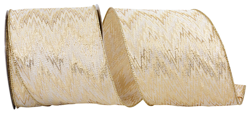 Zig-Zag Woven Elegance Ribbon Ivory Gold 4 Inch 10 Yards