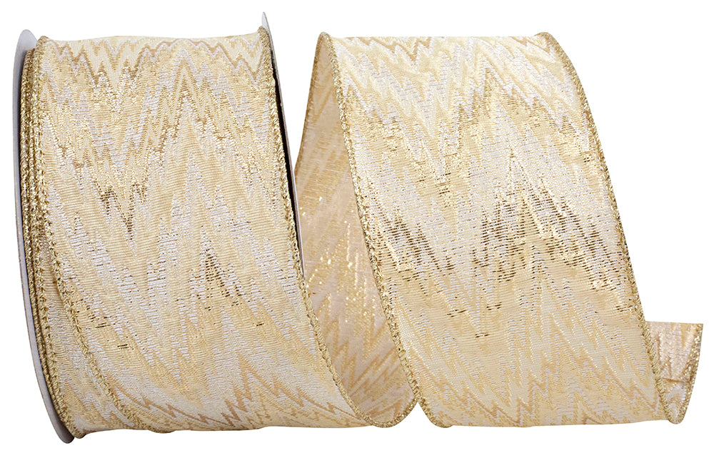 Zig-Zag Woven Elegance Ribbon Ivory Gold 2-1/2 Inch