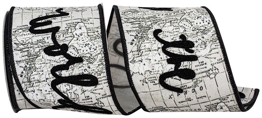 Joy To The World Map Flocked Ribbon White Black 4 Inch