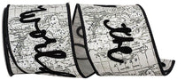 Joy To The World Map Flocked Ribbon White Black 4 Inch