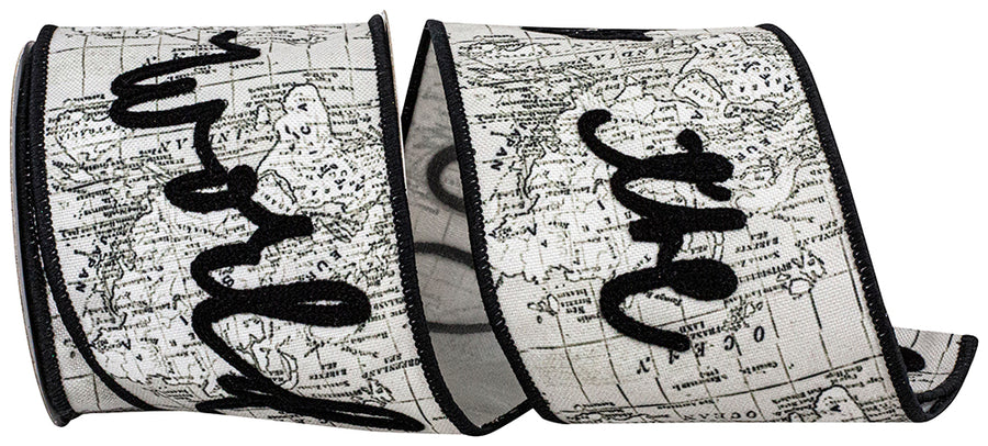 Joy To The World Map Flocked Ribbon White Black 4 Inch
