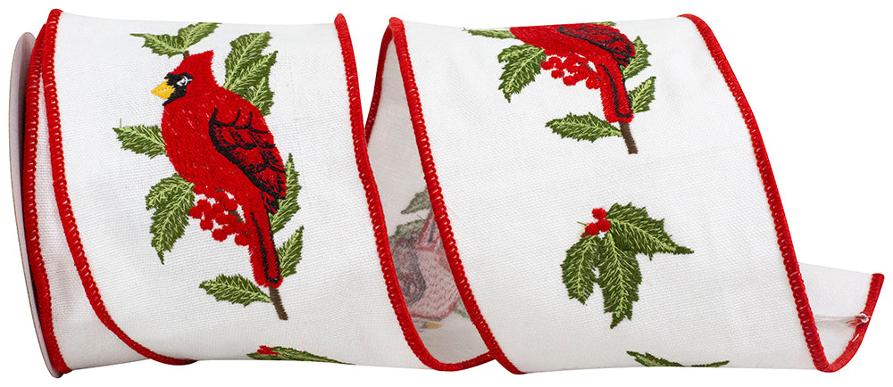 White Red 4 Inch Cardinal Embroidery Linen Deluxe Wired Edge Ribbon for Wreaths & Bows