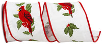 White Red 4 Inch Cardinal Embroidery Linen Deluxe Wired Edge Ribbon for Wreaths & Bows