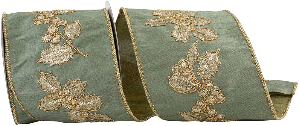Holly Metallic Stitched Embroidery Ribbon Sage 4 Inch