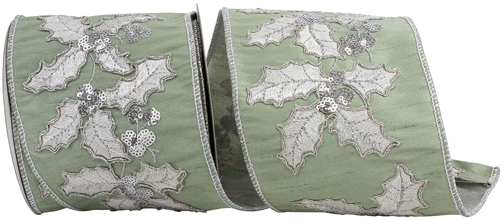 Mint 4 Inch Holly Embroidery Stitches & Sequins Deluxe Backed Wired Edge Ribbon for Wreaths & Bows