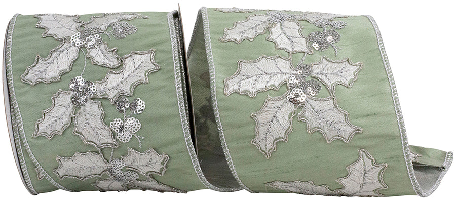 Mint 4 Inch Holly Embroidery Stitches & Sequins Deluxe Backed Wired Edge Ribbon for Wreaths & Bows