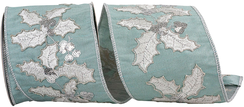 Aqua 4 Inch Wired Edge Ribbon with Holly Embroidery and Sequins