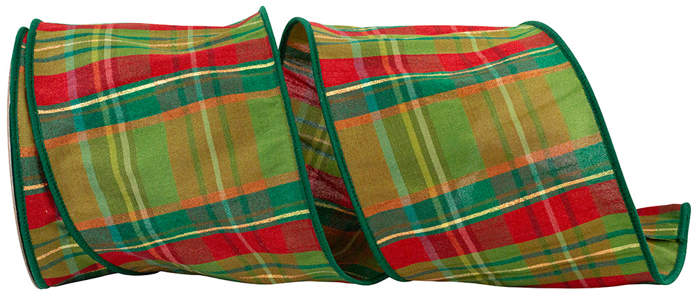 Plaid Verde Tradition Wired Edge Ribbon Green Red 4 Inch