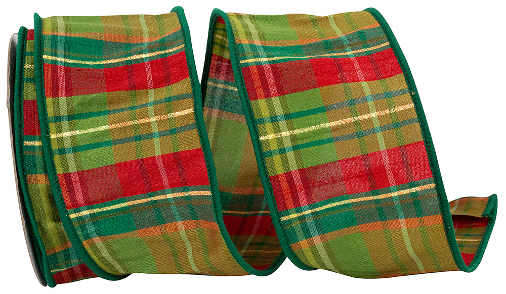 Plaid Verde Tradition Wired Edge Ribbon Green Red 2-1/2 Inch