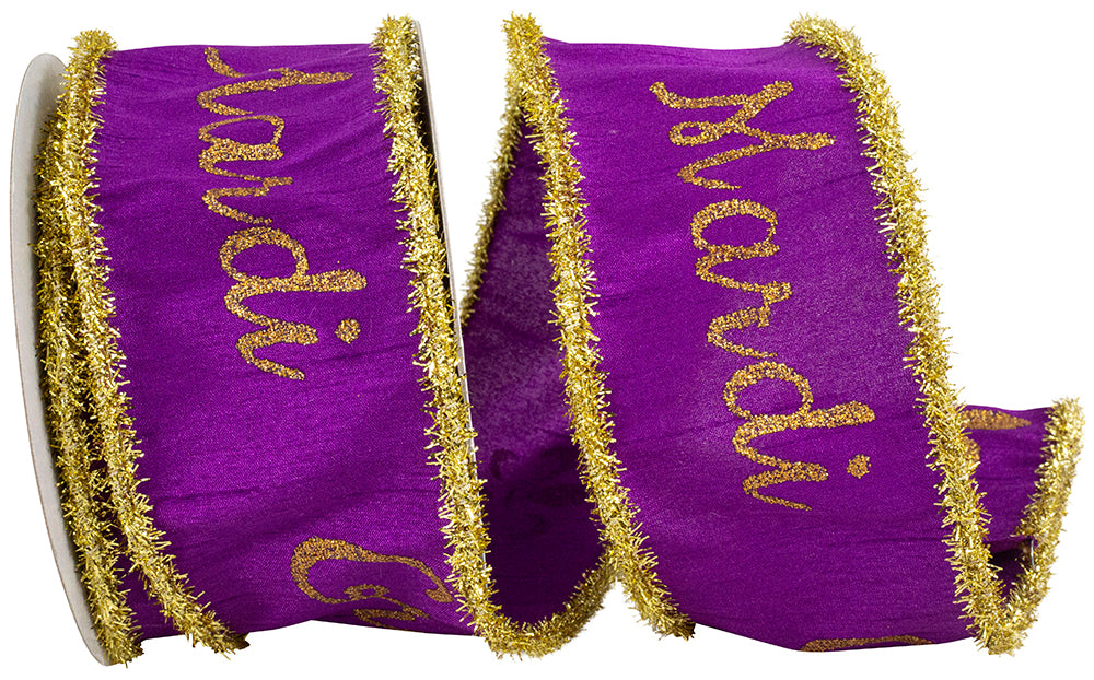Purple 2-1 2 Inch Mardi Gras Sparkle Dupioni Frizzette Wired Edge Ribbon for Wreaths & Bows