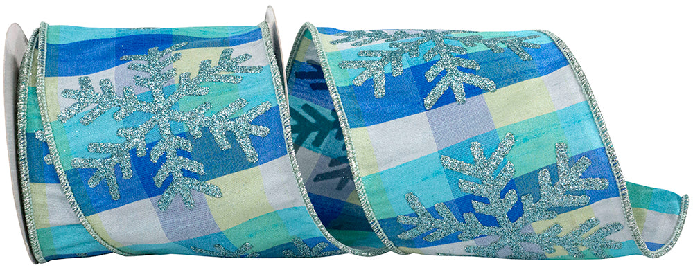 Blue Wired Edge Ribbon 4 Inch Snowflake Dupioni Plaid