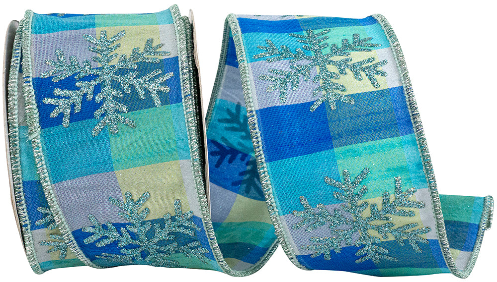 Blue Wired Edge Ribbon 2-1/2 Inch Snowflake Dupioni Plaid