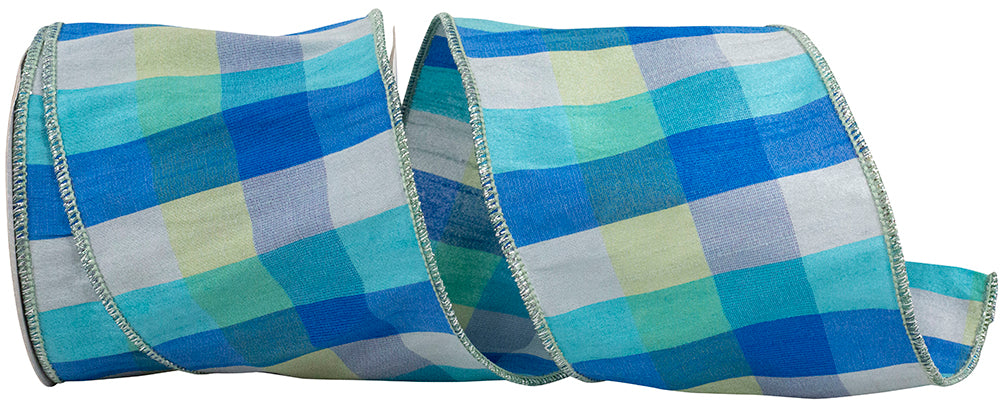 Wired Edge Ribbon Blue 4 Inch Dupioni Plaid Ice Blue