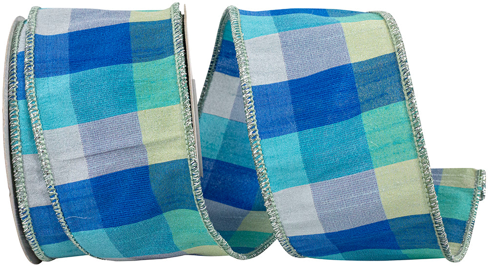 Wired Edge Ribbon Blue Dupioni Plaid 2-1/2 Inch 10 Yards