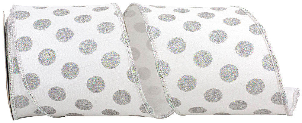 White Silver 4 Inch Dot Jumbo Holographic Deluxe Backed Wired Edge Ribbon for Wreaths & Bows