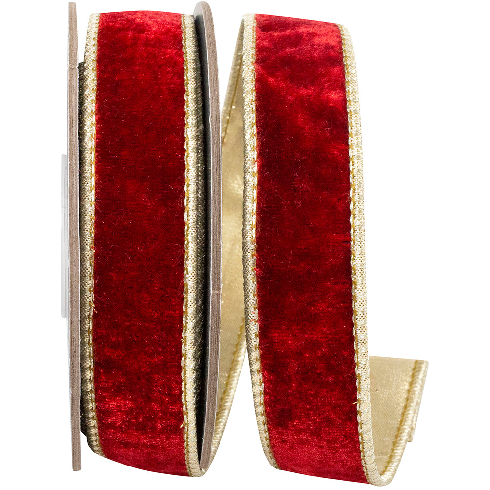 Red Gold 1 Inch Velvet Plush Texture Deluxe Backed Wired Edge Ribbon for Wreaths & Bows