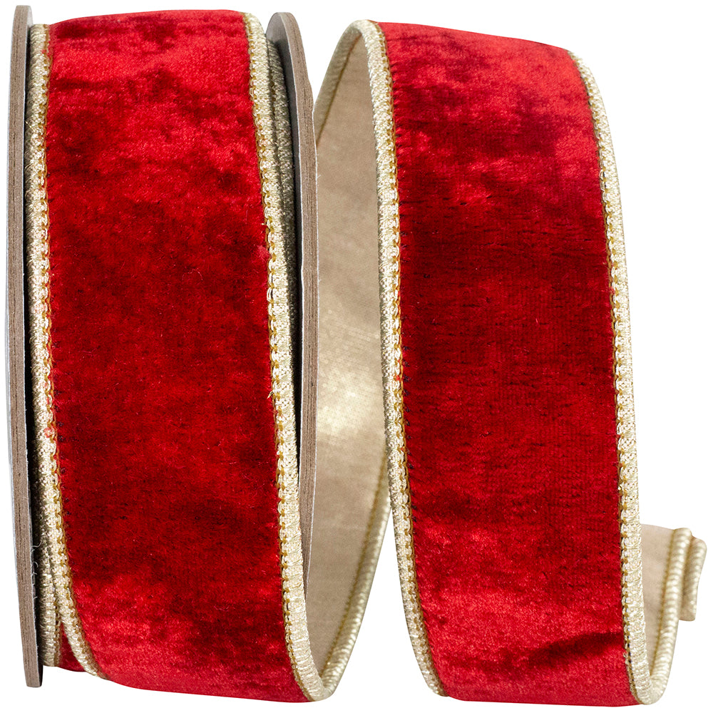Red Gold 1-1 2 Inch Velvet Plush Texture Deluxe Backed Wired Edge Ribbon for Wreaths & Bows
