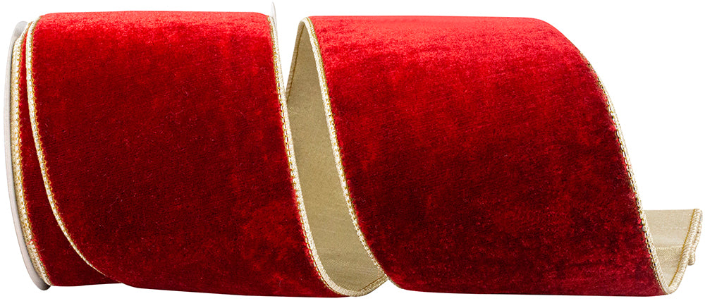 Red Gold 4 Inch Velvet Plush Texture Deluxe Backed Wired Edge Ribbon for Wreaths & Bows