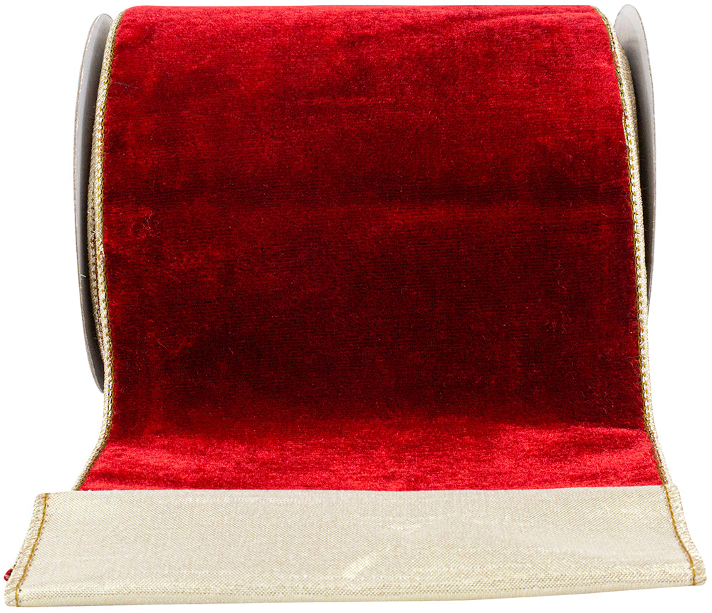 Red Gold 6 Inch Velvet Plush Texture Deluxe Backed Wired Edge Ribbon for Wreaths & Bows