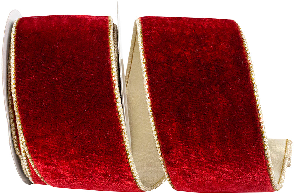 Red Gold 2-1 2 Inch Velvet Plush Texture Deluxe Backed Wired Edge Ribbon for Wreaths & Bows