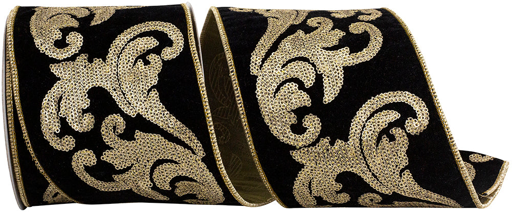 4 Inch Black Gold Sequin Scroll Velvet Wired Edge Ribbon