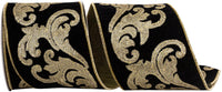 4 Inch Black Gold Sequin Scroll Velvet Wired Edge Ribbon