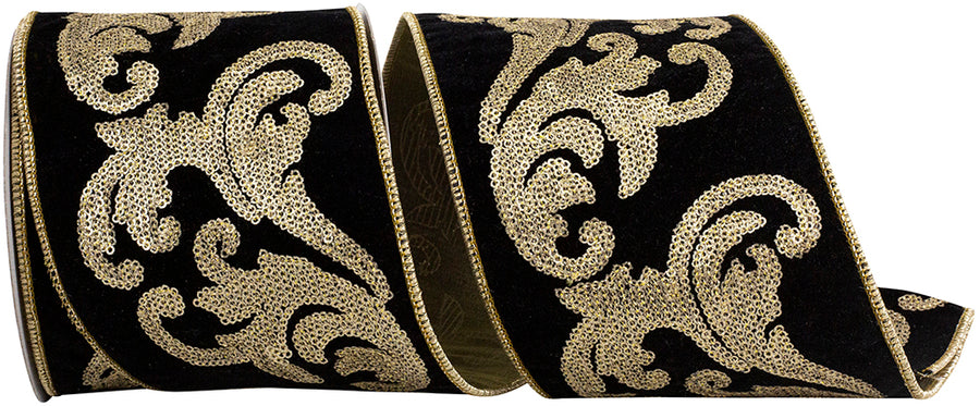 4 Inch Black Gold Sequin Scroll Velvet Wired Edge Ribbon