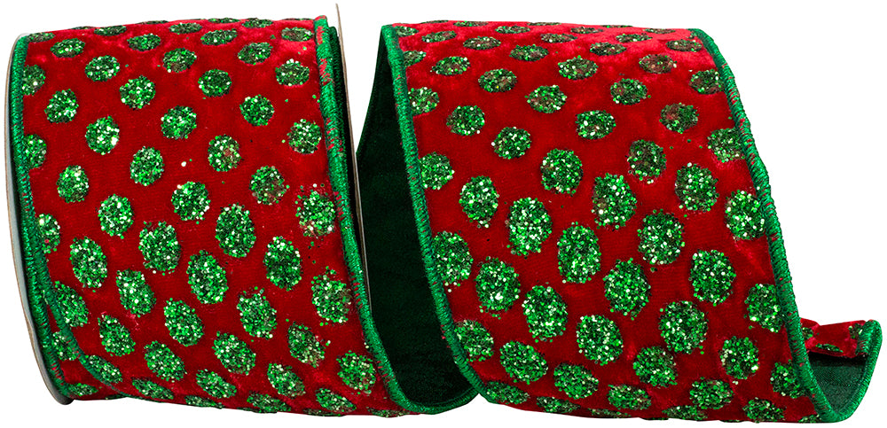 4 Inch Red Green Dot Jumbo Glitter Plush Velvet Ribbon