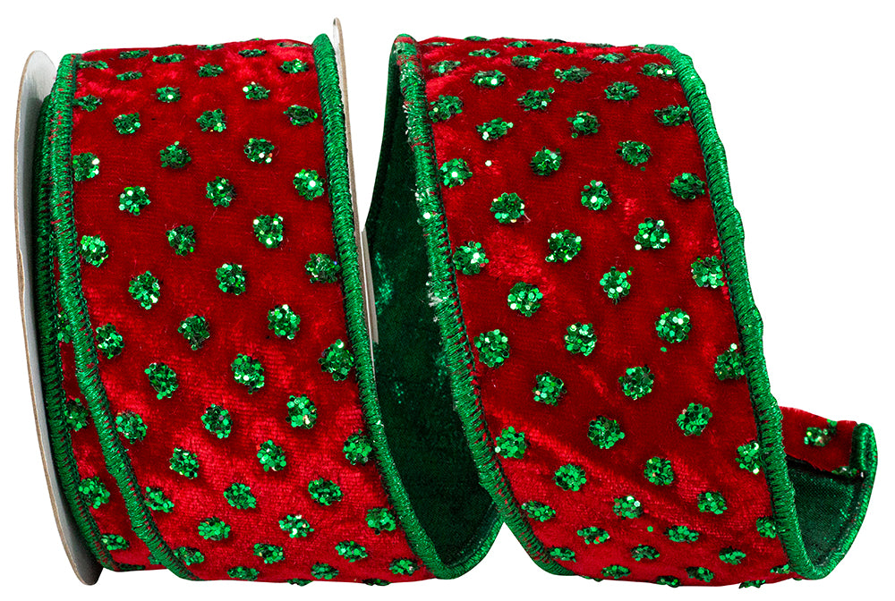 2-1/2 Inch Red Green Dot Jumbo Glitter Velvet Ribbon