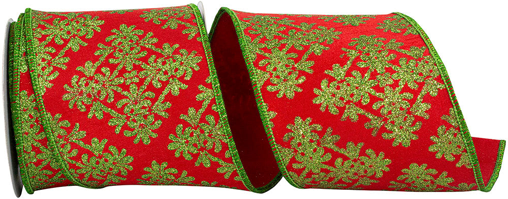 Filigree Diamonds Glitter Ribbon Red Green 4 Inch 5 Yards