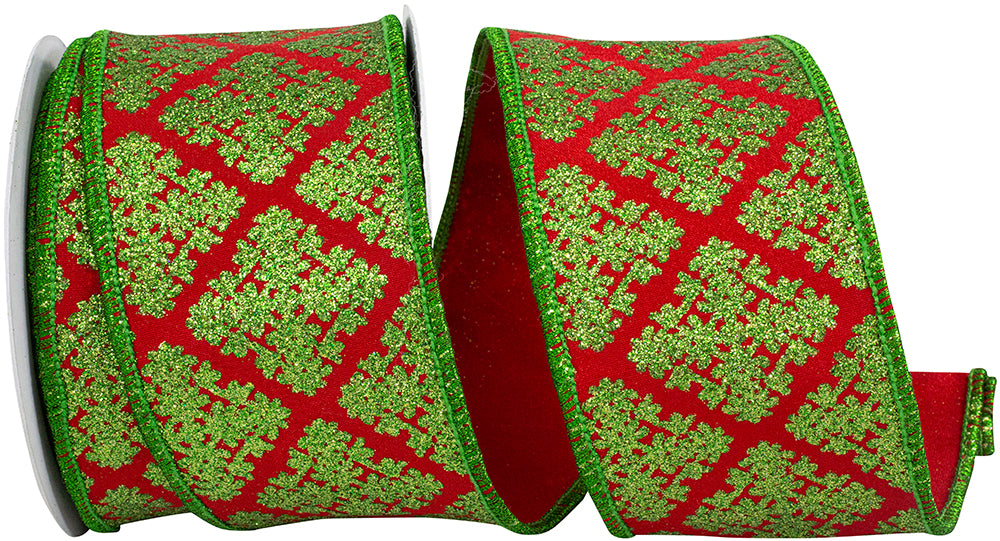 Filigree Diamonds Glitter Ribbon Red Green 2-1/2 Inch