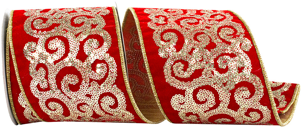 4 Inch Red Gold Scroll Sequin Wired Edge Ribbon