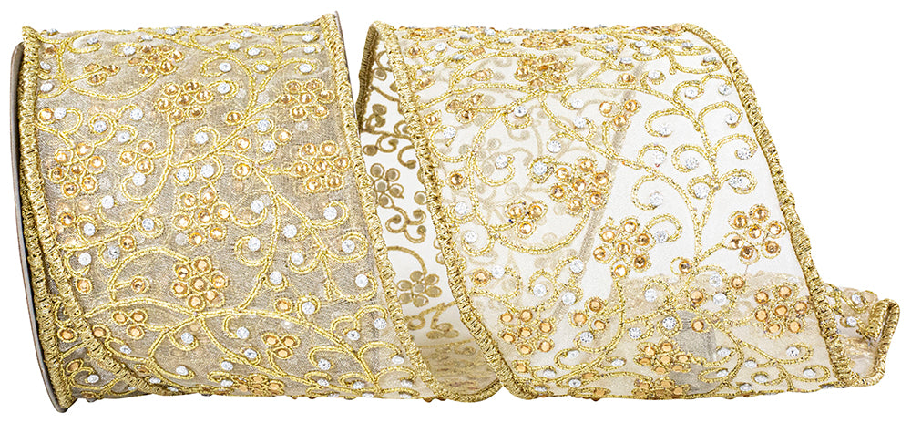 Gold 4 Inch Wired Edge Tissue Silk Ribbon for Wreaths