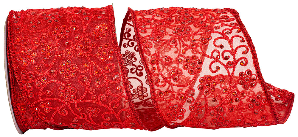 Red 4 Inch Wired Edge Tissue Silk Ribbon for Wreaths