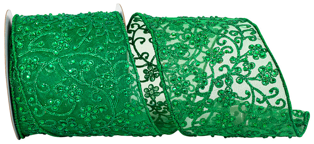 4 Inch Jewel Embroidery Tissue Silk Ribbon Holiday 5 Yards