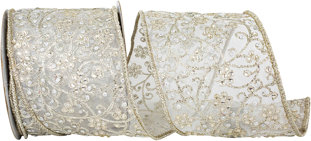 Champagne 4 Inch Wired Edge Ribbon with Jewel Embroidery