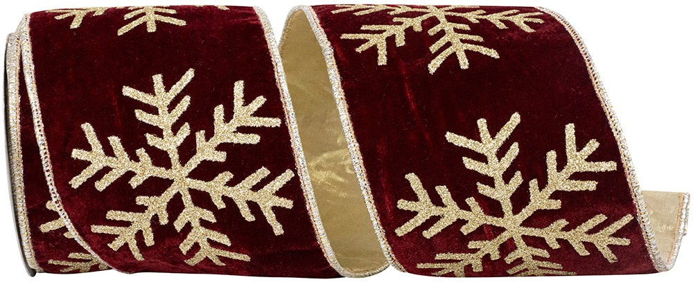 Snowflake Jumbo Glitter Velvet Ribbon Burgundy Gold 4 Inch
