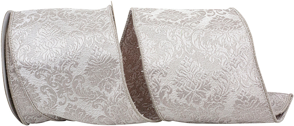 Pewter 4 Inch Filigree Regal Flourish Texture Woven Wired Edge Ribbon for Wreaths & Bows