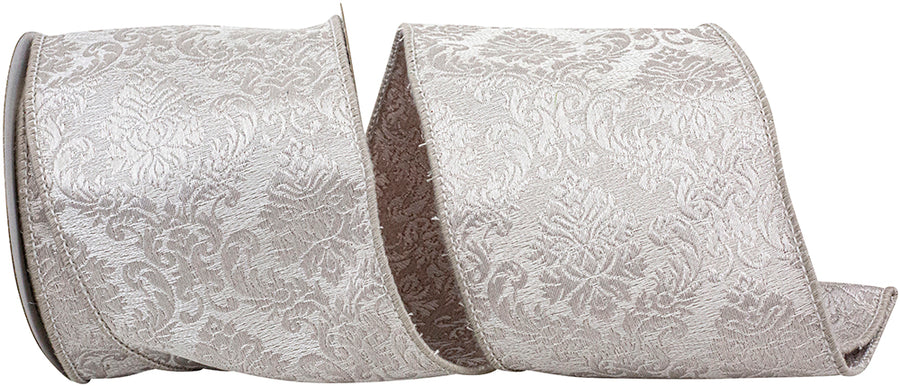 Pewter 4 Inch Filigree Regal Flourish Texture Woven Wired Edge Ribbon for Wreaths & Bows