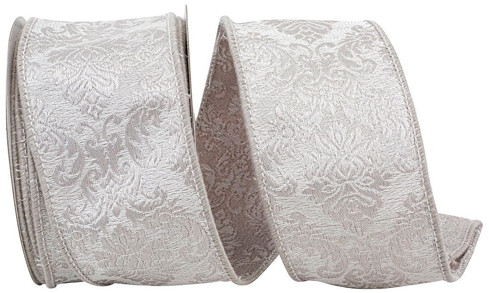 Pewter 2-1 2 Inch Filigree Regal Flourish Texture Woven Wired Edge Ribbon for Wreaths & Bows