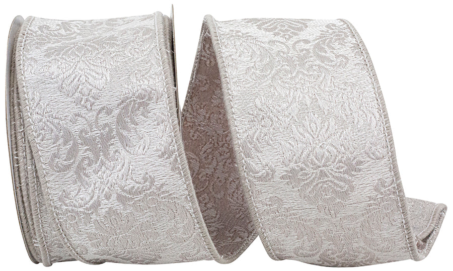 Pewter 2-1 2 Inch Filigree Regal Flourish Texture Woven Wired Edge Ribbon for Wreaths & Bows