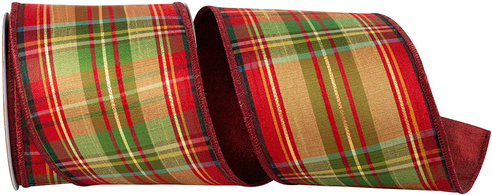 Scarlet Plaid Cranberry Metallic Wired Edge Ribbon 4 Inch