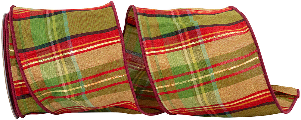 Scarlet Wired Edge Ribbon 4 Inch Plaid Cranberry Metallic